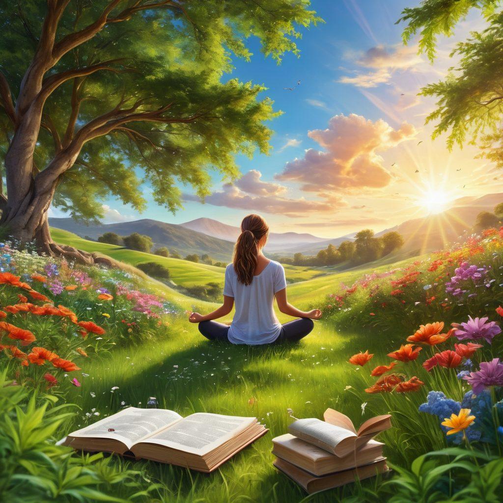 A serene landscape featuring a person meditating in a lush green field, surrounded by colorful flowers and gentle sunlight streaming down. In one hand, they hold a cannabis leaf symbolizing the journey to happiness. Nearby, there are books and inspirational quotes gently blowing in the breeze. The atmosphere is calm and inviting, reflecting joy and tranquility. super-realistic. vibrant colors. peaceful atmosphere.